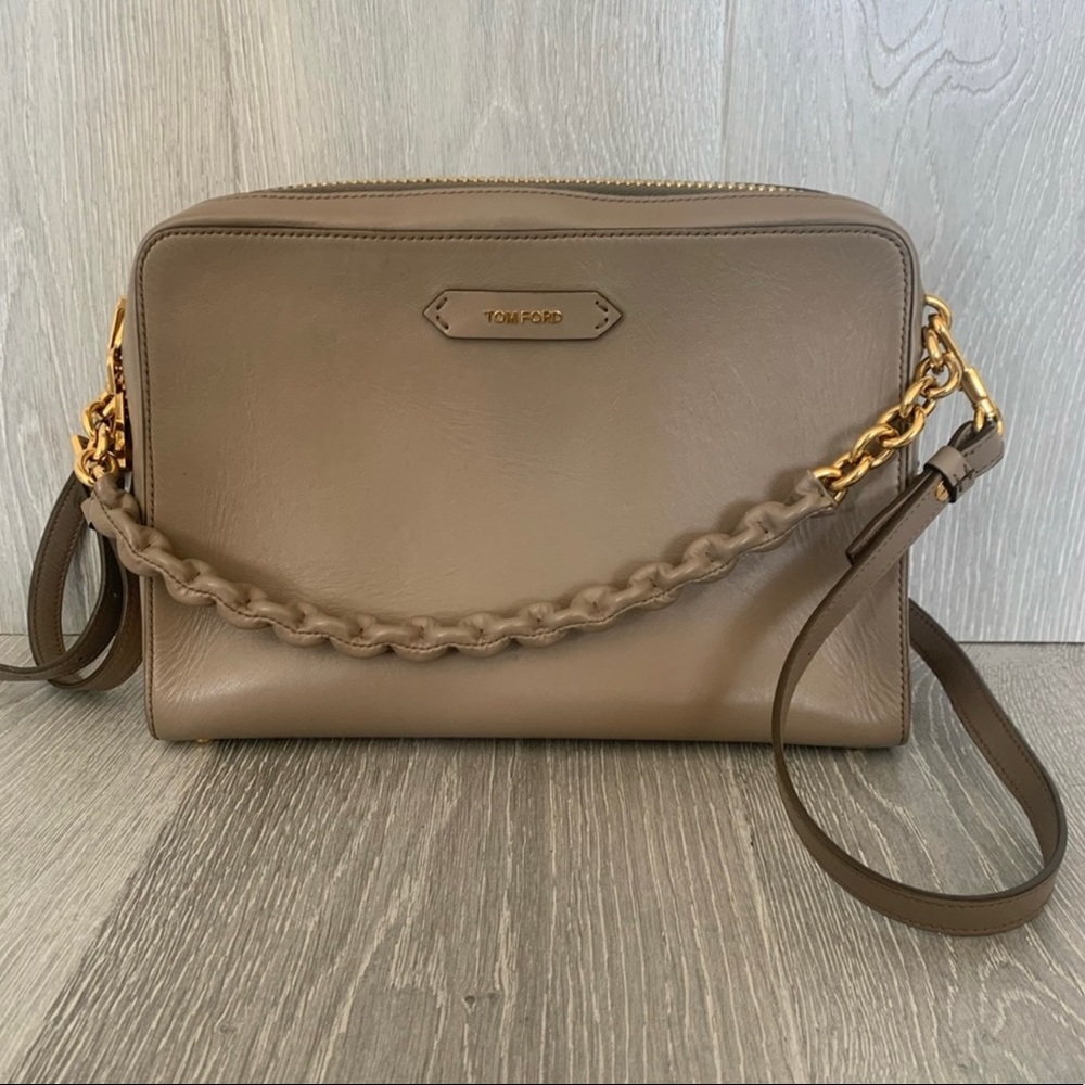 Tom Ford taupe nude gold chain leather crossbody handbag purse